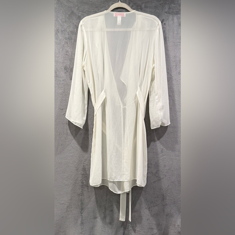 Oscar Dela Renta Pink Label White Sheer Robe Ruffle Trim Women’s Size L - Picture 6 of 8